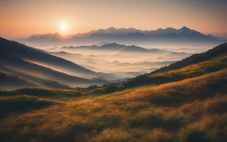 Mountain landscape at sunset. Sunrise in the mountains. The sun goes down.