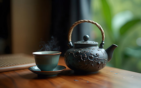 Cup of hot tea and teapot on wooden table.