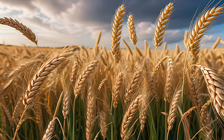 Wheat field. Ears of golden wheat close-up. Rich harvest concept