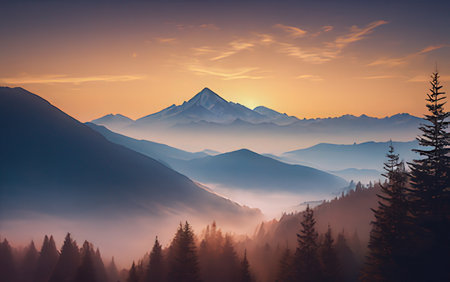 Sunset in the mountains with fog and clouds. Beautiful landscape.