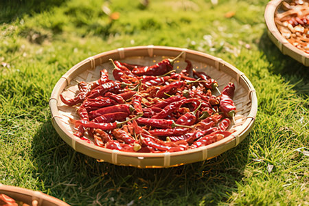 Dried red hot chili peppers in a basket on the grass.
