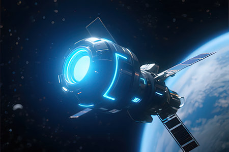 3D rendering of a space station against the background of the earthの写真素材