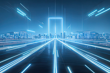 night city with neon light, 3d rendering, computer digital image