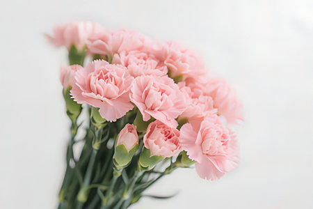 Bouquet of pink carnation flowers on white wooden background.
