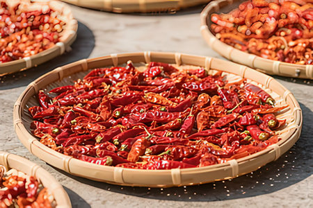 Dried red chili peppers in a bamboo basket on the table.