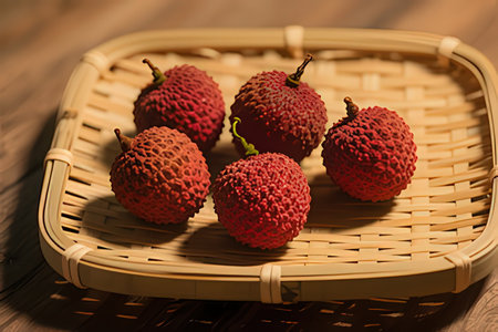 Lychee fruit in bamboo basket on wooden table, stock photo