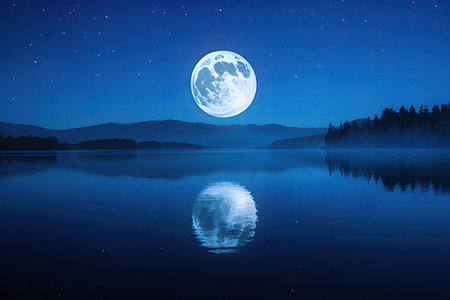 Moon over mountain lake at night with reflection in water. Landscape.