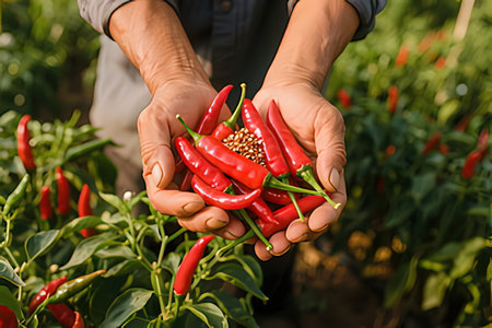 Close-up of farmer holding red hot chili peppers in the fieldの写真素材