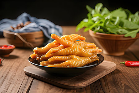 Bowl of deep fried chicken hearts on wooden table, closeup