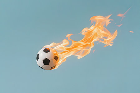 Soccer ball on fire isolated on blue background with copyspaceの写真素材