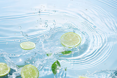 Fresh limes falling into water with splash and leaves on blue backgroundの写真素材