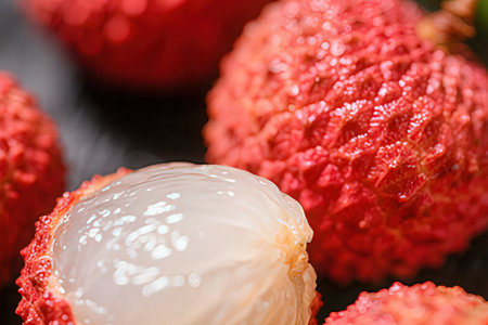 Close up of fresh lychee fruits on a black background.の写真素材