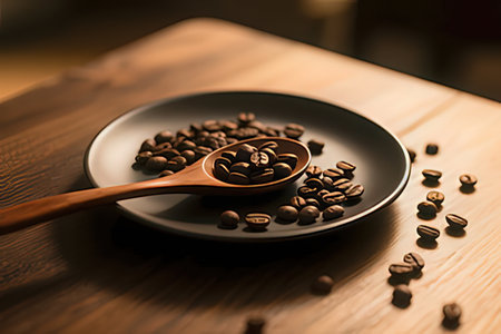 Coffee beans in a spoon on wooden table, close up