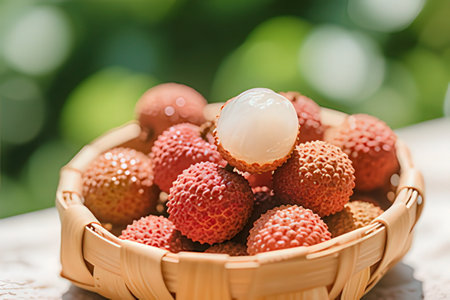 Fresh lychee fruit in bamboo basket on table, closeupの写真素材