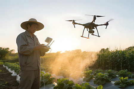 Farmer using drone remote control to control the drone in vegetable garden
