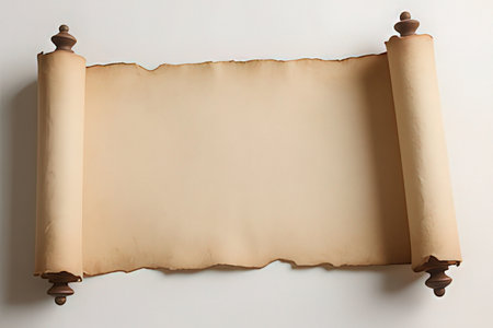 Old paper scroll on white wall background, copy space. Mock upの写真素材