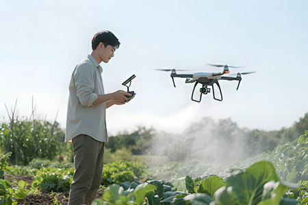 Young asian man using drone to take photo of organic vegetable garden