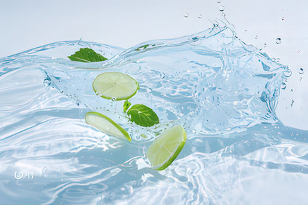 Fresh lime falling into water with mint leaves and splash on white backgroundの写真素材