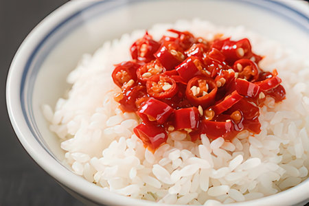 Korean food Sliced Red Chilli Peppers and Rice
