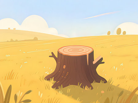 Vector illustration of a tree stump in a field. Cartoon style.の写真素材