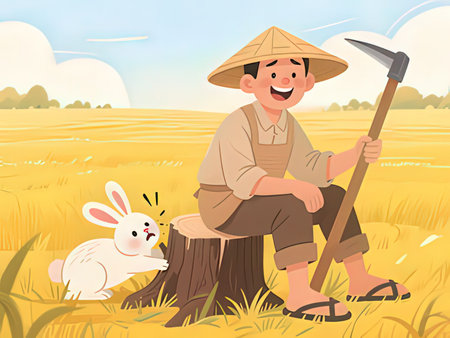 Farmer with rabbit in the field. Vector illustration in cartoon styleの写真素材