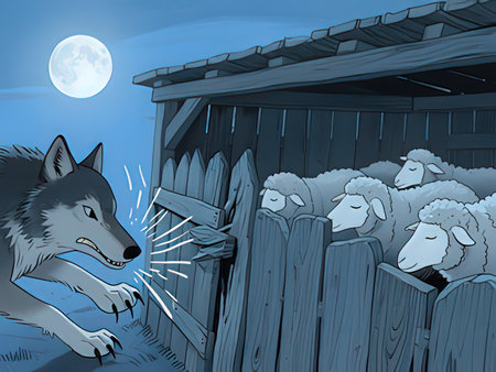 Illustration of a wolf in front of the barn at nightの写真素材