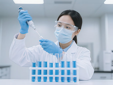 asian female scientist holding pipette and looking at camera in laboratoryの写真素材