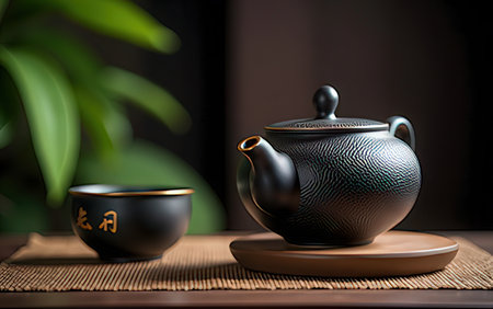 teapot and cup of tea on bamboo table mat, stock photoの写真素材