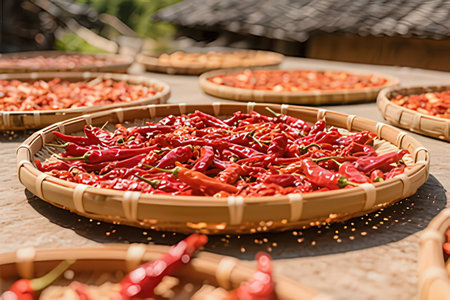Close up of red hot chili peppers on bamboo plates in a market