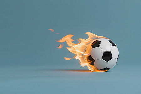 Soccer ball on fire isolated on blue background. 3d illustrationの写真素材