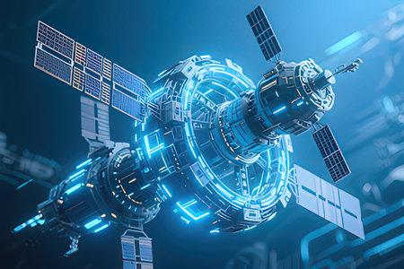 3d rendering of a space station with blue lights on a blue background