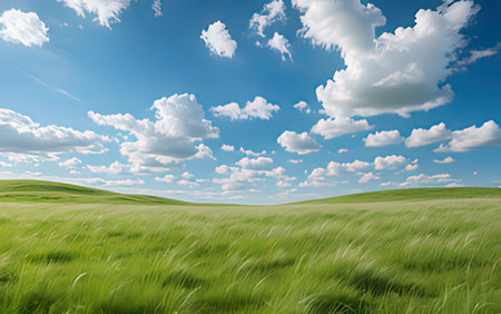 Green field and blue sky with white clouds. Summer landscape.
