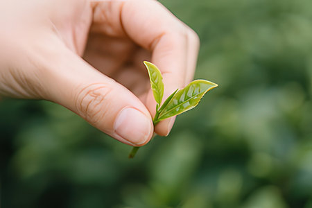 Female hand holding tea leaf in tea plantation. Close up. Selective focus.の写真素材