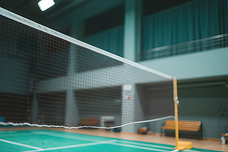 Badminton court with net and shuttlecock. Blur backgroundの写真素材