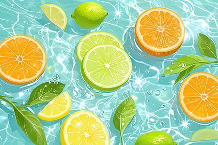 Lemon, lime and orange slices in swimming pool. Vector illustration.