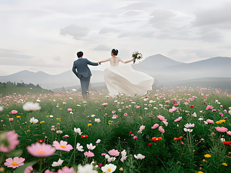 Wedding couple in love. Bride and groom on the meadowの写真素材