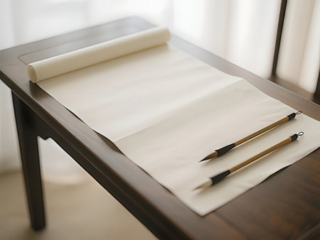 Blank paper and pen on wooden table in office, closeupの写真素材