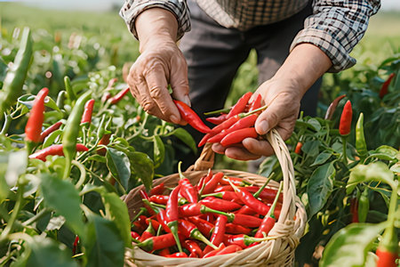Close-up of a female farmer holding a basket with red chili peppersの写真素材