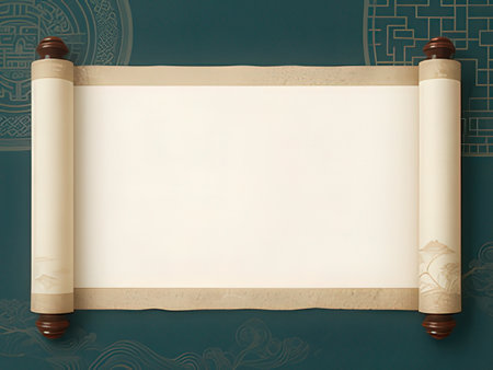 Old paper scroll on blue background with oriental pattern and copy spaceの写真素材