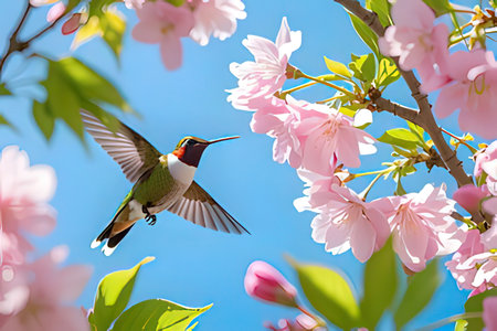 Hummingbird flying over pink sakura blossom with blue skyの写真素材