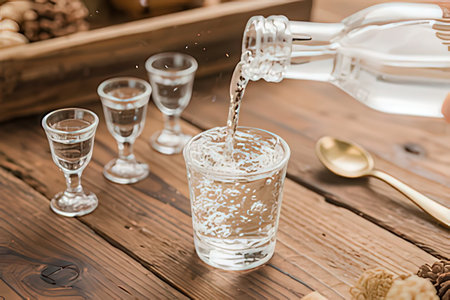 Pouring liquid into a glass on a wooden background. Close-upの写真素材