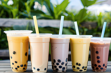 Iced Thai Milk Tea with Bubbles in Plastic Cups on Tableの写真素材