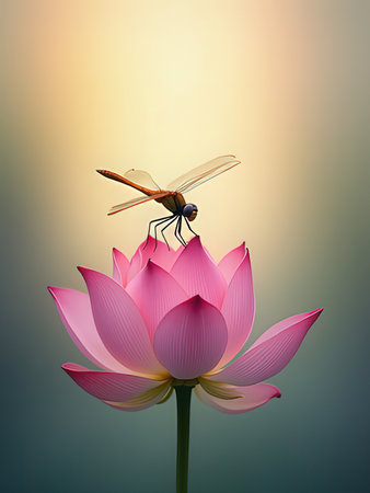 Dragonfly on a pink lotus flower. Beautiful nature background.の写真素材