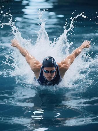 Female swimmer in blue cap and goggles swimming crawl stroke style in the pool