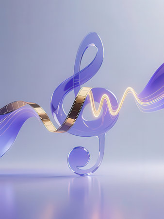 3d render of a musical note with a film strip in the backgroundの写真素材