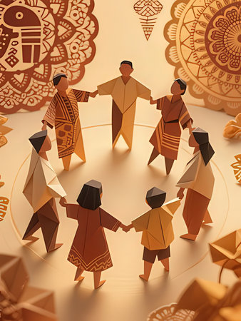 3d rendering of people in traditional clothes holding hands in a circle