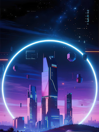 Night city with neon circle. Futuristic cityscape. Vector illustration.