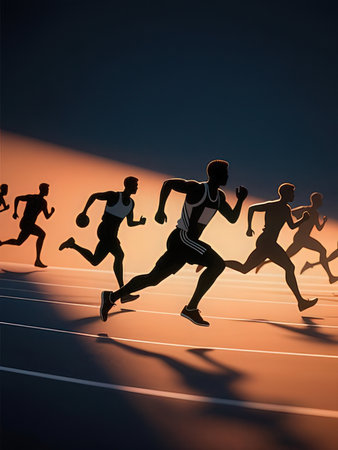 Silhouettes of athletes running on a race track. 3D rendering