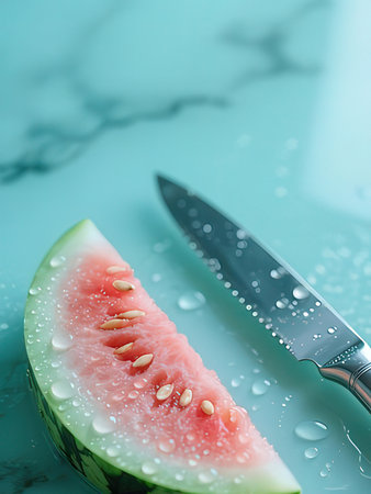 Watermelon slice with knife and water drops on aquamarine backgroundの写真素材