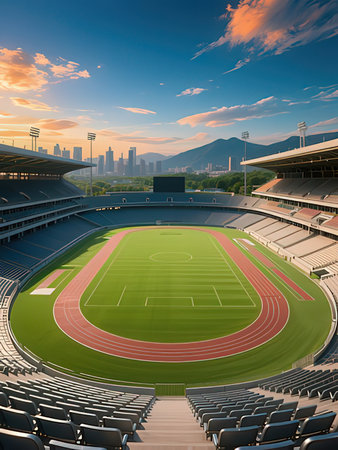 Football stadium with empty seats and dramatic sky. 3D rendering.の写真素材